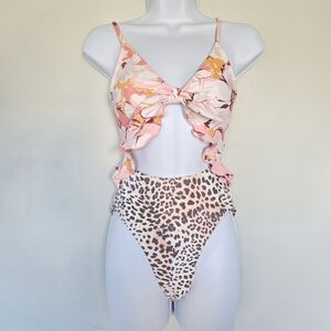 P2F Floral Leopard Cutout One Piece Swimsuit Size‎ XS Festival Y2K Ruffle Funky
